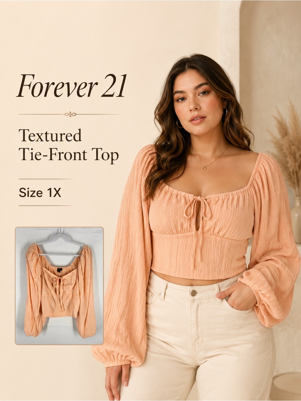 Forever 21 Peach Textured Tie-Front Crop Top Boho Peasant Cottagecore